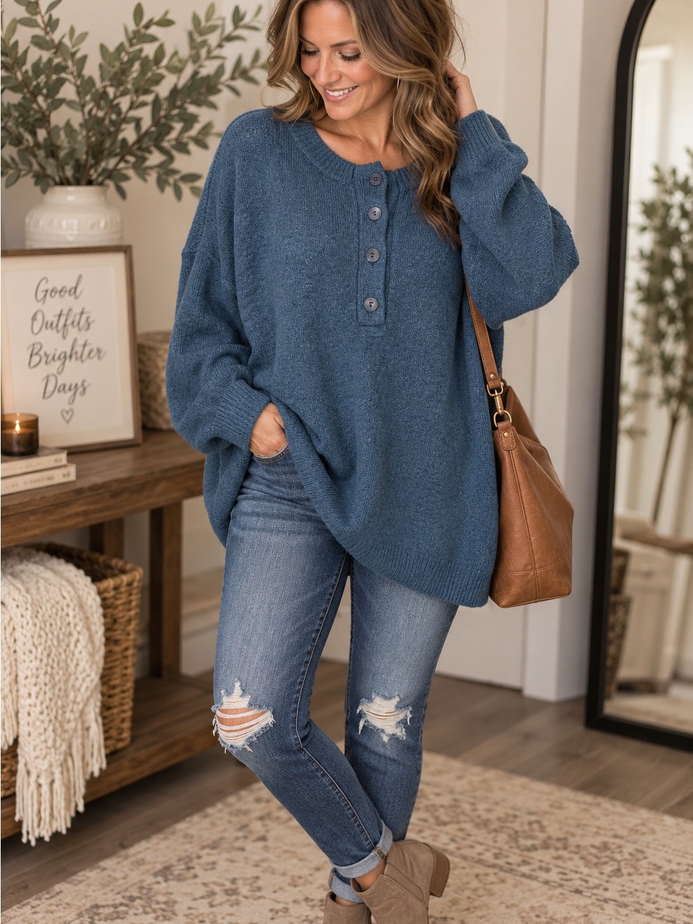 Abercrombie & Fitch Slate Blue Button-Neck Cozy Pullover
